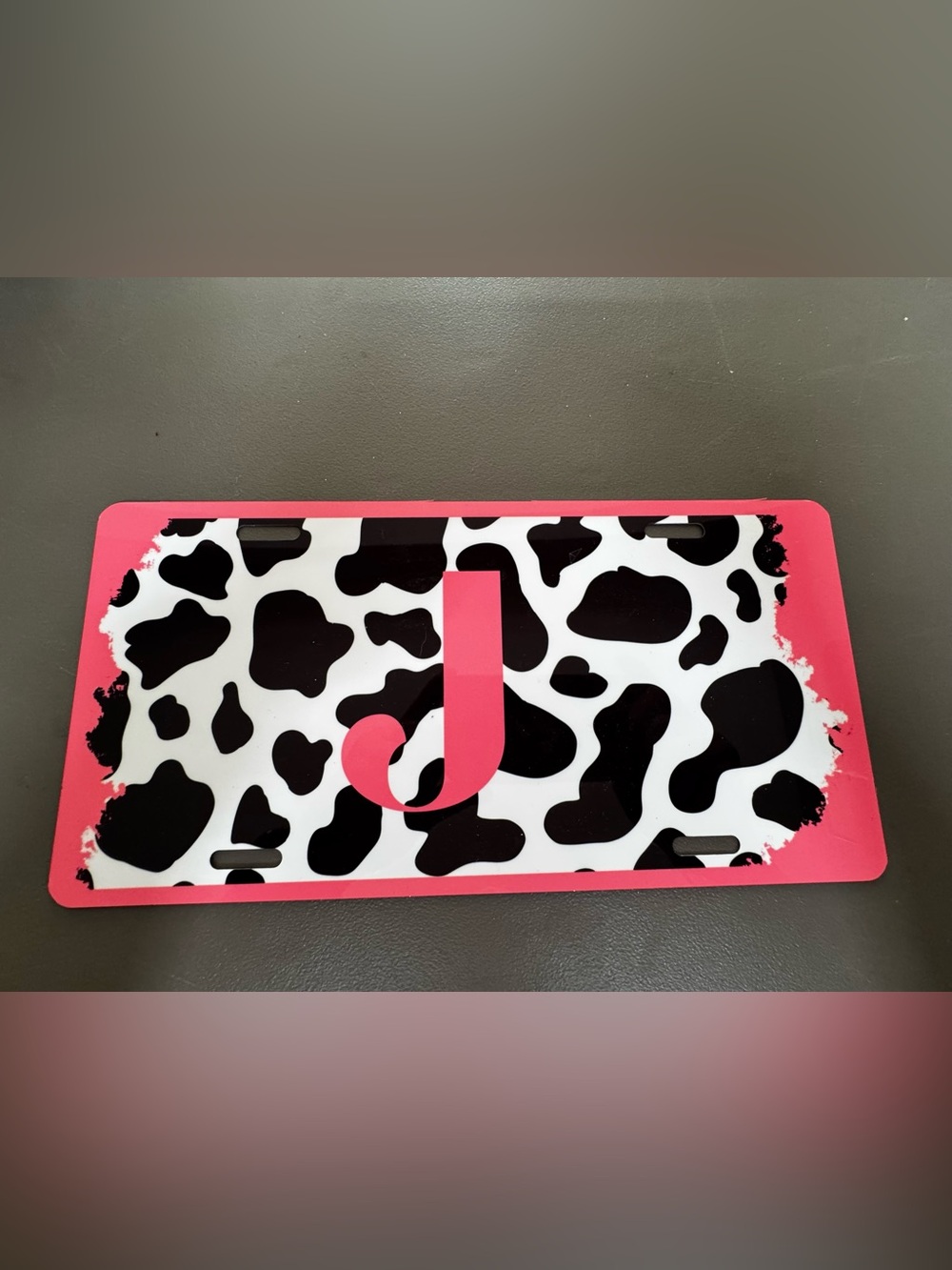 Personalized Pink & Black Cow Print License Plate with 'J' Initial